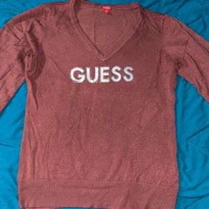 Guess V-Neck rhinestone logo Sweater Rust/Sienna colored XL (Like New)